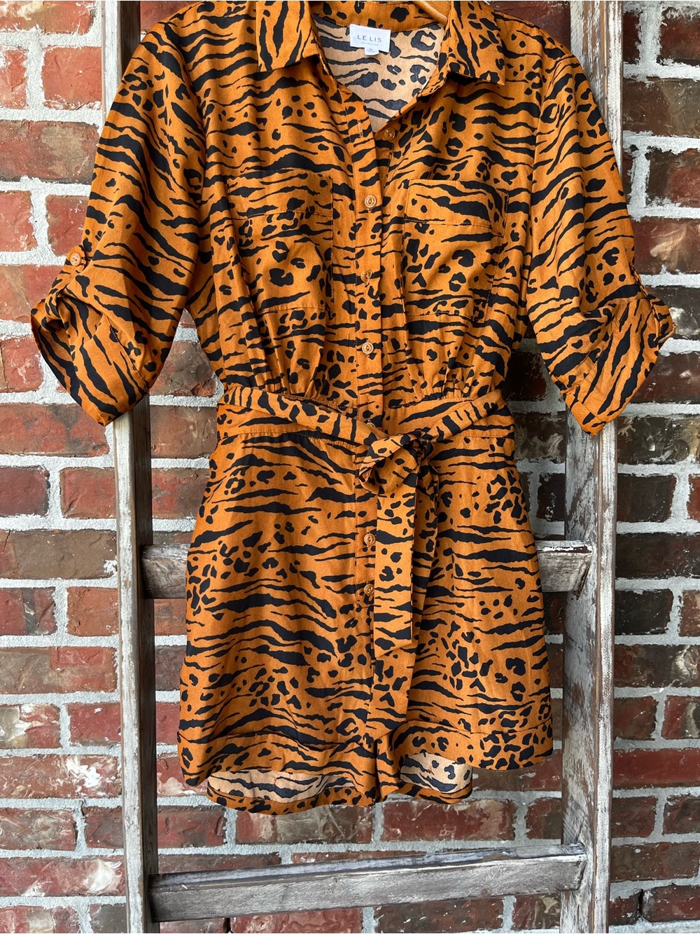 LE LIS Animal Print Romper in Orange & Black Size Medium Like N